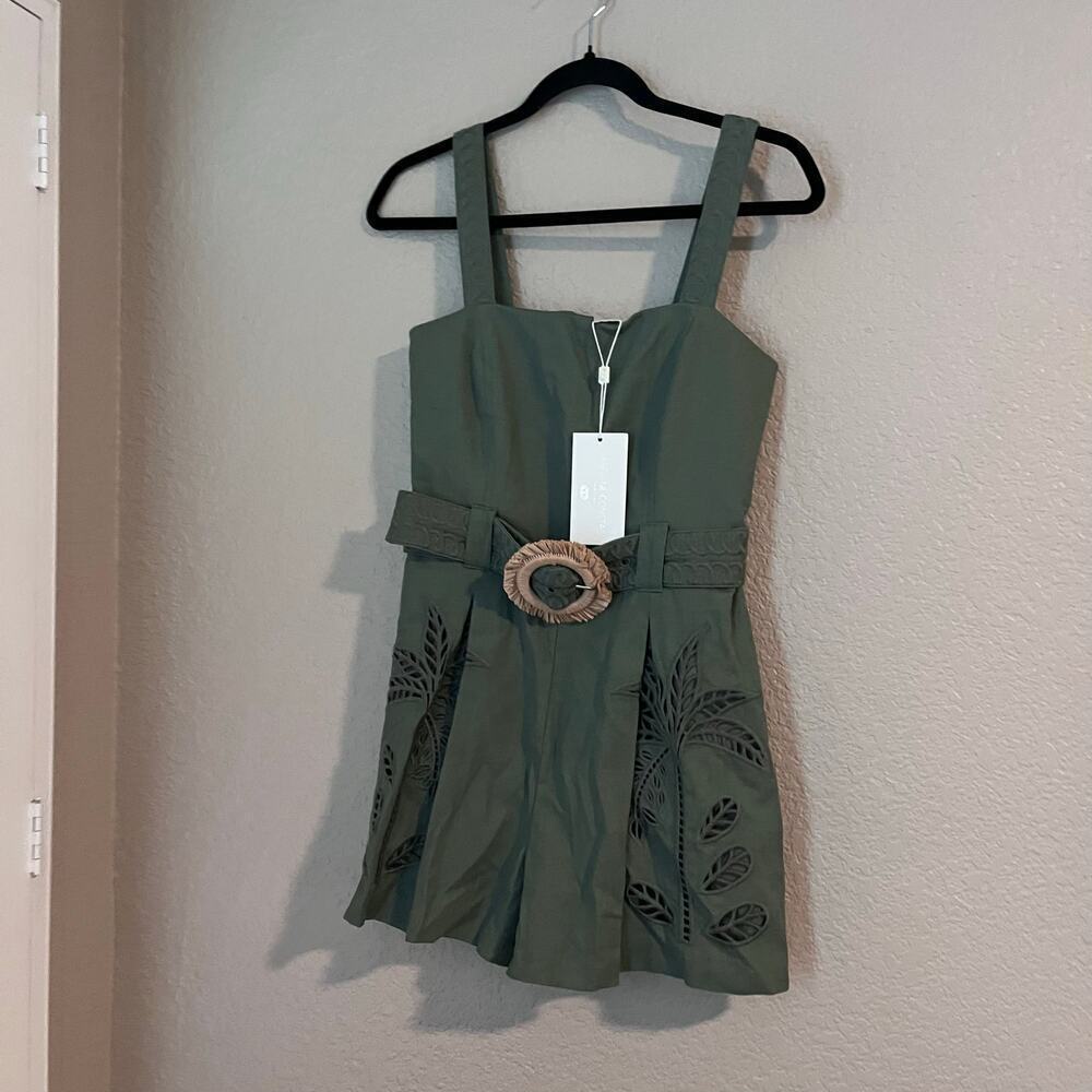 New Caroline Constas Palm Cutwork Romper Shorts Jumpsuit Linen Green NWT XS - Picture 4 of 8